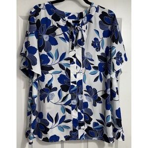 Liz Claiborne Career Women's Floral Top Blouse 2XL Flutter Cap Sleeve‎